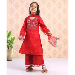 Babyhug Three Fourth Sleeves Embroidered Kurti & Palazzo Set With Dupatta- Red