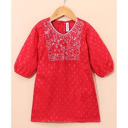 Babyhug Three Fourth Sleeves Embroidered Kurti & Palazzo Set With Dupatta- Red