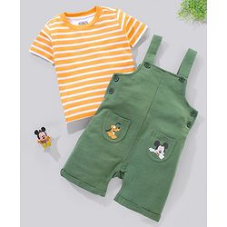 Babyhug 100% Cotton Dungaree and Half Sleeves Striped T-Shirt Set Mickey Mouse Print - Yellow Green