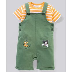 Babyhug 100% Cotton Dungaree and Half Sleeves Striped T-Shirt Set Mickey Mouse Print - Yellow Green