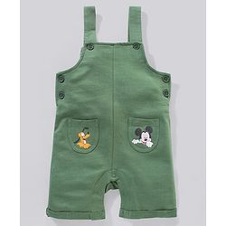 Babyhug 100% Cotton Dungaree and Half Sleeves Striped T-Shirt Set Mickey Mouse Print - Yellow Green