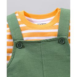 Babyhug 100% Cotton Dungaree and Half Sleeves Striped T-Shirt Set Mickey Mouse Print - Yellow Green