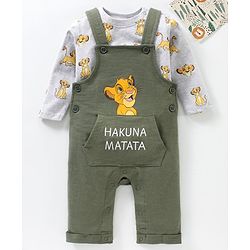Babyhug Cotton Dungaree With Full Sleeves Inner T-Shirt Set Simba Print - Grey Green