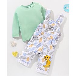 Babyhug Full Sleeves T-Shirt & Dungaree Lion King Embroidery - Green & White