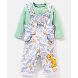 Babyhug Full Sleeves T-Shirt & Dungaree Lion King Embroidery - Green & White
