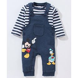 Babyhug Cotton Full Sleeves Striped Tee & Dungaree Set Mickey & Friends Print- Blue