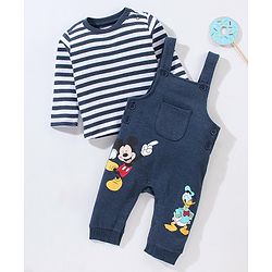 Babyhug Cotton Full Sleeves Striped Tee & Dungaree Set Mickey & Friends Print- Blue