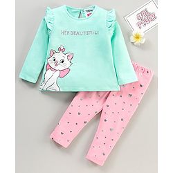 Babyhug Cotton Full Sleeves Top & Leggings Set Kitty & Glitter Print- Mint Pink