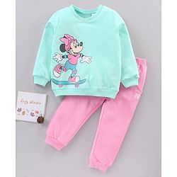 Babyhug Cotton Full Sleeves Minnie Mouse Printed SweatShirt & Solid Joggers - Blue Pink