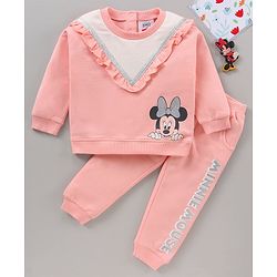Babyhug 100% Cotton Full Sleeves Top With Frill Detailing & Lounge Pant Glitter Minnie Mouse Print- Pink White