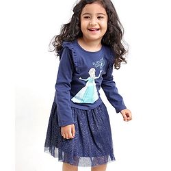 Babyhug 100% Cotton Full Sleeves Princess Elsa Top & Glitter Embellished Skirt Set - Navy