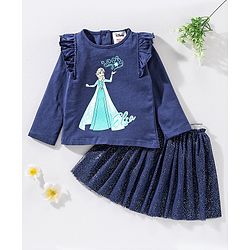 Babyhug 100% Cotton Full Sleeves Princess Elsa Top & Glitter Embellished Skirt Set - Navy