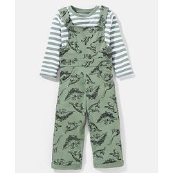 Babyhug 100% Cotton Dungaree With Full Sleeves Inner T-Shirt Dino Print & Striped - Green