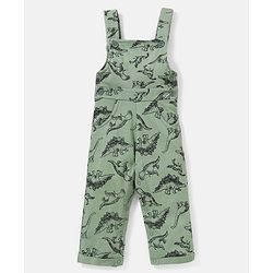 Babyhug 100% Cotton Dungaree With Full Sleeves Inner T-Shirt Dino Print & Striped - Green