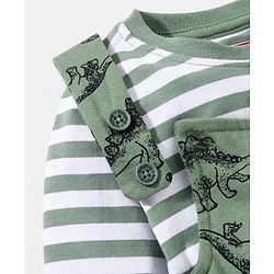 Babyhug 100% Cotton Dungaree With Full Sleeves Inner T-Shirt Dino Print & Striped - Green