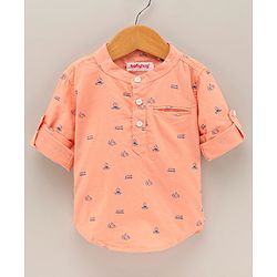 Babyhug 100% Cotton Full Sleeves Kurta Shirt Camp Fire Print - Orange