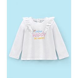 Babyhug 100% Cotton Knit Full Sleeves T-Shirt with Glitter Text Graphics & Frill Detailing - White
