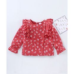 Babyhug Full Sleeves Printed Rayon Crinkle-Crepe Top With Ruffle Detailing- Red