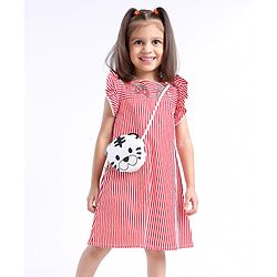 Babyhug 100% Cotton Printed Stripe Poplin Dress With Yoke Embroidery - Red