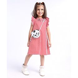 Babyhug 100% Cotton Printed Stripe Poplin Dress With Yoke Embroidery - Red