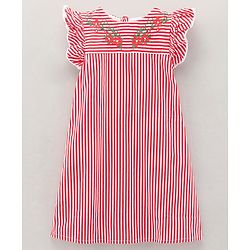 Babyhug 100% Cotton Printed Stripe Poplin Dress With Yoke Embroidery - Red