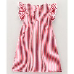 Babyhug 100% Cotton Printed Stripe Poplin Dress With Yoke Embroidery - Red