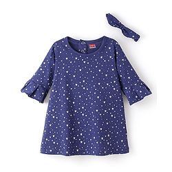 Babyhug 100% Cotton Full Sleeves Frocks With Headband Star Print - Blue
