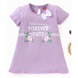 Babyhug 100% Cotton Knit Half Sleeves Text & Floral Printed Frock - Lilac