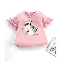 Babyhug Cotton Knit Half Sleeves Unicorn Print Tee with Frill & Glitter Detailing - Pink