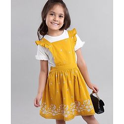 Babyhug 100% Cotton Schiffli Frock with Half Sleeves Inner Tee Flowers Embroided - Yellow