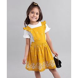 Babyhug 100% Cotton Schiffli Frock with Half Sleeves Inner Tee Flowers Embroided - Yellow