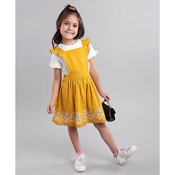 Babyhug 100% Cotton Schiffli Frock with Half Sleeves Inner Tee Flowers Embroided - Yellow