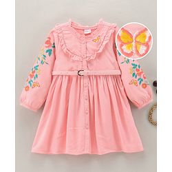 Babyhug Full Sleeves Floral Embroidery Dress With Belt - Pink
