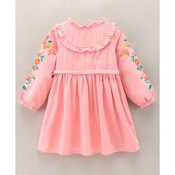 Babyhug Full Sleeves Floral Embroidery Dress With Belt - Pink
