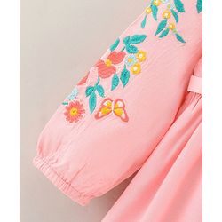 Babyhug Full Sleeves Floral Embroidery Dress With Belt - Pink