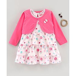 Babyhug 100% Cotton Frock With Shrug Floral Print - Pink