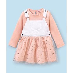Babyhug Full Sleeves Inner Tee With Full Sleeves Mesh Frock Star Print- Peach