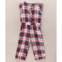 Babyhug Yarndyed Sleeveless Jumpsuit Checks - Red