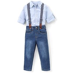 Babyhug 100%  Cotton Full Sleeves Checks Shirt & Denim Jeans With Suspender - Blue