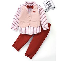 Babyhug Full Sleeves Striped Shirt With Attached Waistcoat & Trouser Set With Bow - Brown
