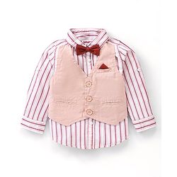 Babyhug Full Sleeves Striped Shirt With Attached Waistcoat & Trouser Set With Bow - Brown
