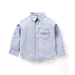 Babyhug Cotton Woven to Woven Full Sleeves Striped Shirt & Trouser With Bow - Light Blue Cream