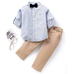 Babyhug Cotton Woven to Woven Full Sleeves Striped Shirt & Trouser With Bow - Light Blue Cream