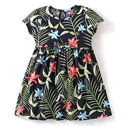 Babyhug 100% Cotton Knit Half Sleeves Frock with Tropical Print - Multicolour