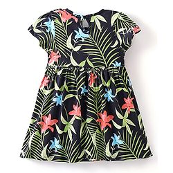 Babyhug 100% Cotton Knit Half Sleeves Frock with Tropical Print - Multicolour