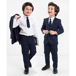 Babyhug Full Sleeves Checked Party Wear Suit With Blazer- Navy & Black