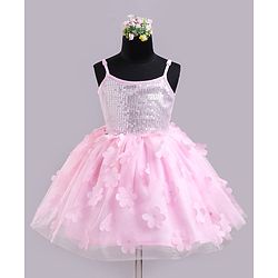 Babyhug Sleeves Sqeuins & Floral Applique Party Frock - Light Pink