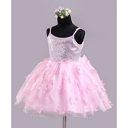 Babyhug Sleeves Sqeuins & Floral Applique Party Frock - Light Pink