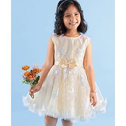Babyhug Sleeveless Party Wear Mesh Frock With Sequin Embroidery & Bow Applique- Ivory