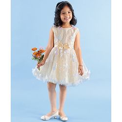 Babyhug Sleeveless Party Wear Mesh Frock With Sequin Embroidery & Bow Applique- Ivory